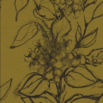 Papier Peint Floral Aquatinte - Moutarde + Noir - Moutarde + Noir - rouleau