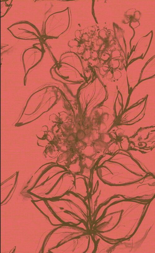 Aquatint floral Wallpaper - Orange + Olive - sample