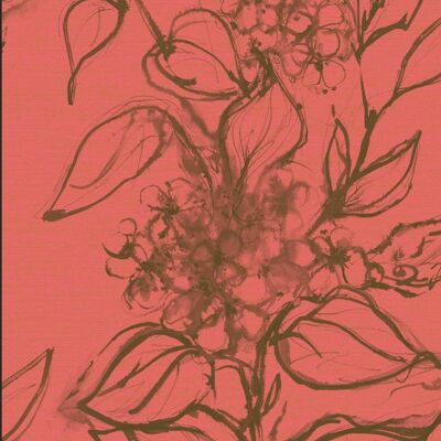 Papel pintado floral aguatinta - Naranja + Oliva - muestra