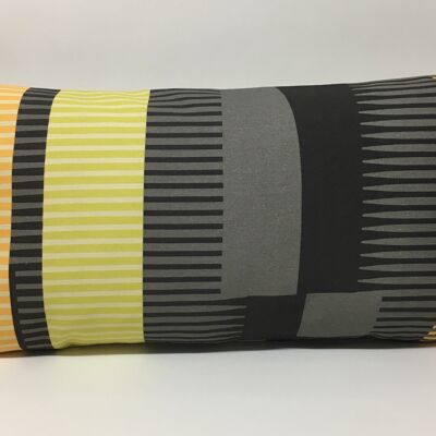 Coussin Rayures Peignées - Citron, gris + noir