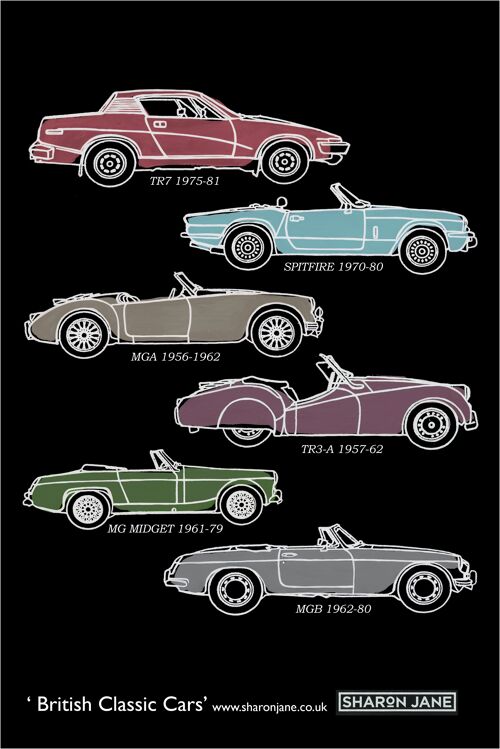 ˜British Classic Cars ˜Tea Towel - Black