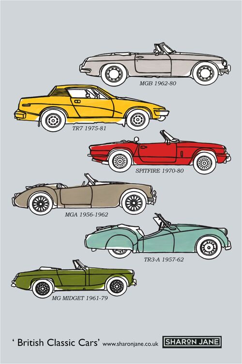 ˜British Classic Cars ˜Tea Towel - light grey