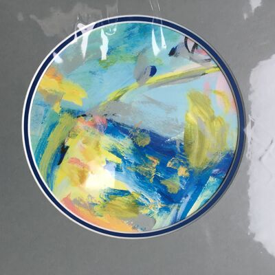 Ausdrucksstarker abstrakter Runddruck Blau + Grauer Passepartout - 30 x 30 cm