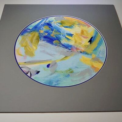 Ausdrucksstarker abstrakter Runddruck Blau + Grauer Passepartout - 50 x 50 cm
