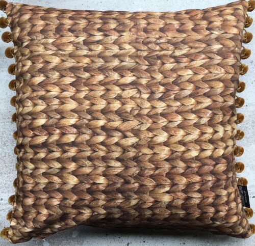 Water Hyacinth Print Cushion + Velvet Pom Poms