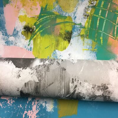 Abstract Painterly Wallpaper- Turquoise & Pink - roll - Mono