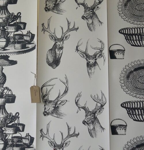 Stags Heads Wallpaper - roll - black and white