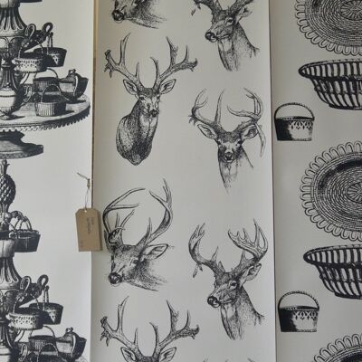 Stags Heads Wallpaper - Sample - black and white