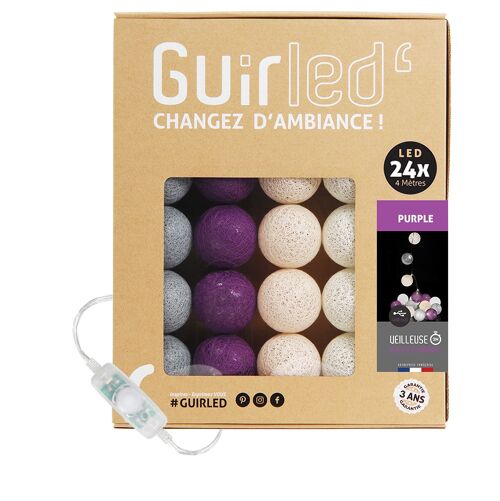 Purple Classique Guirlande lumineuse boules coton LED USB - 24 boules