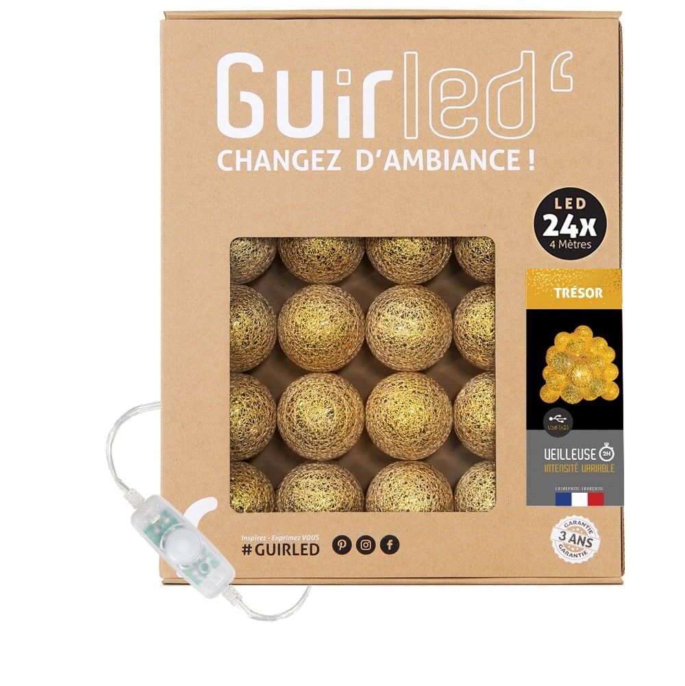 Trésor (Or) Classique Guirlande lumineuse boules coton LED USB - 24 boules - spécial Noël