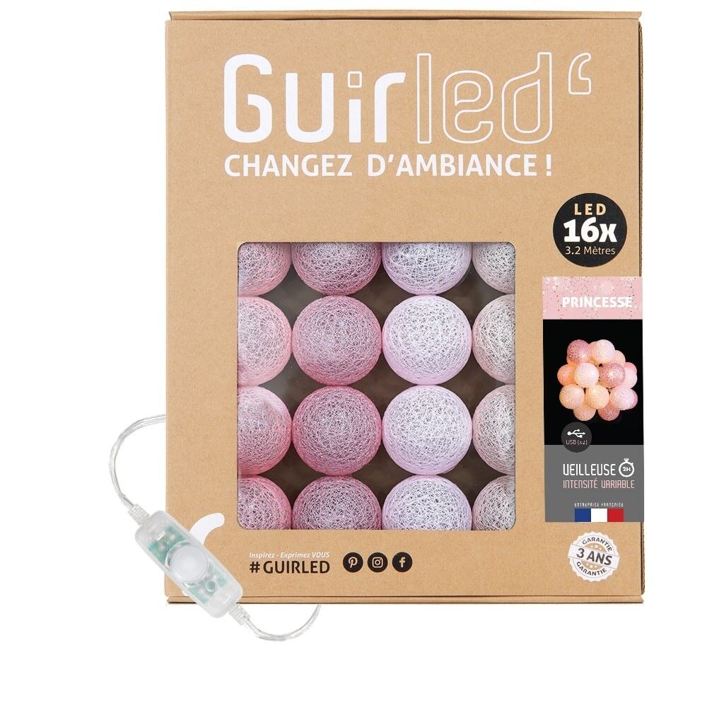 Princesse Classique Guirlande lumineuse boules coton LED USB - 16 boules