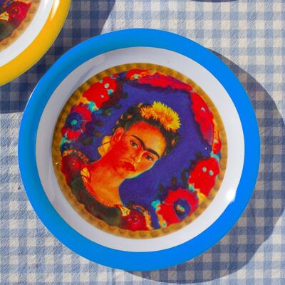 The Frame melamine plate by Frida Khalo, blue edge