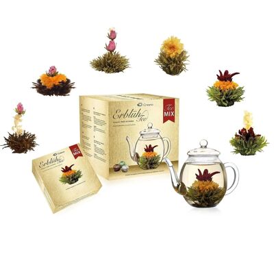 Mezcla de flores de té Creano - set de regalo dorado té floreciente con tetera de vidrio té blanco, verde y negro en 6 variedades, flor de té, té floreciente, regalo para mujeres