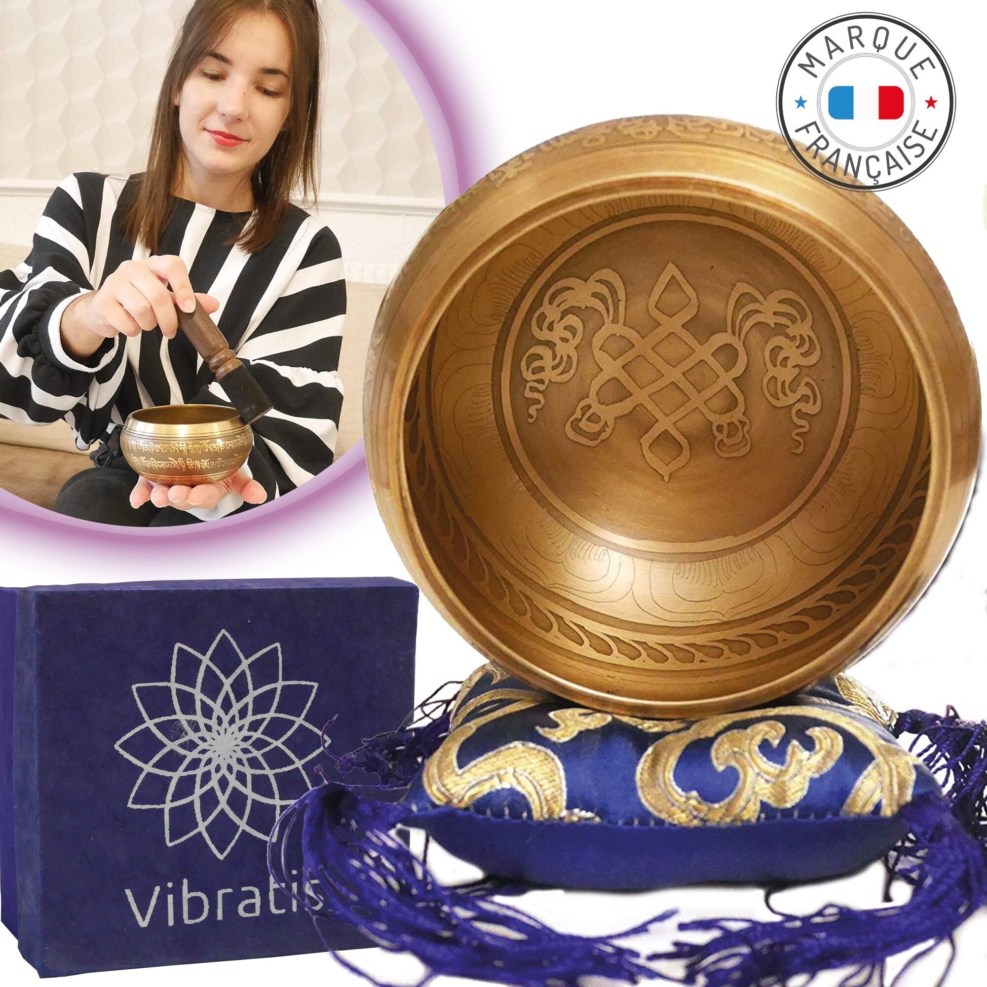 Handgefertigte tibetische Schale – Klangschale hergestellt in Nepal – Im Lieferumfang enthalten: tibetische Schale, Kissen, Holzhammer, Lokta-Box – ideal für Meditation, Entspannung, Heilung