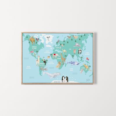 Poster carte du monde pour enfants décoration murale chambre enfant six langues