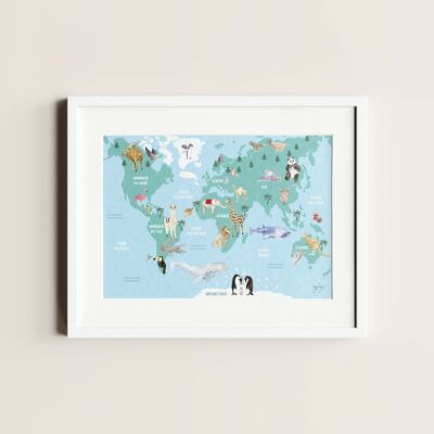 Animal world map poster for children's bedroom wall decoration, playroom