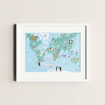 Affiche carte du monde animaux pour enfant décoration murale chambre salle de jeux 1