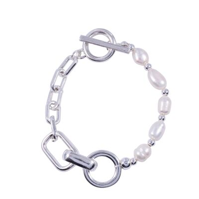 Audrey Rhodium Silver & Fresh Water Pearls T-Bar Bracelet