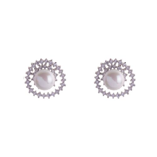 Audrey Rhodium Silver Cream Clear Crystal Faux Pearls DE0866A