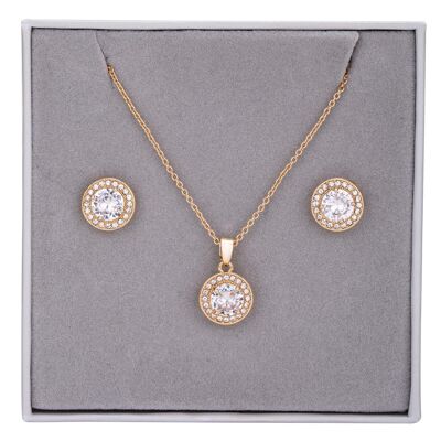 Boxed Gold & Clear Crystals Pendant Necklace & Earrings Set DG0049K