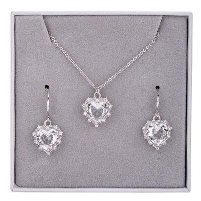 Boxed Rhodium Silver & Crystal Pendant Necklace Earrings Set DG0053S