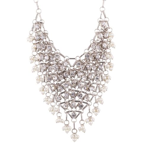 Audrey Rhodium Silver Cream Faux Pearls Statement Necklace