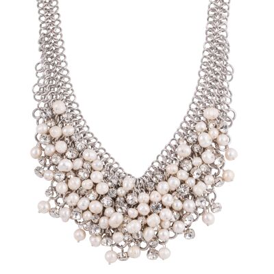 Collar llamativo de perlas de agua dulce color crema de plata de Audrey