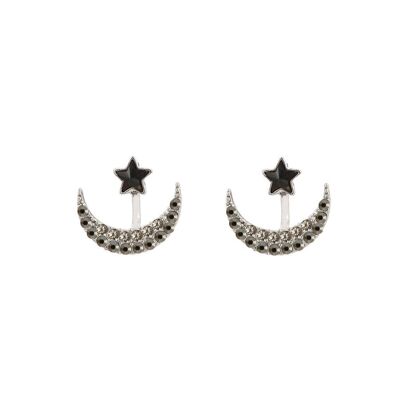 Star With Crescent Two-Way Earrings - Black in white gold plated