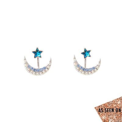 Star With Crescent Two-Way Earrings - Blue in white gold plated