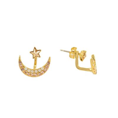 Star With Crescent Two-Way Earrings - Peach in gold plated
