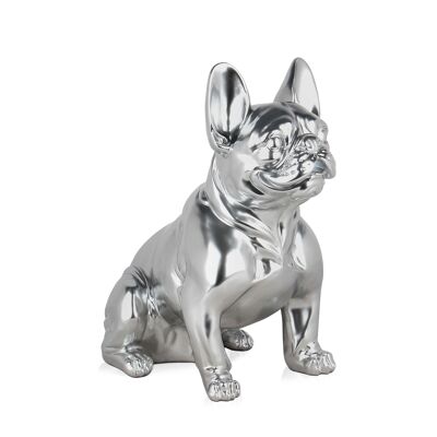 ADM – „Sitzende französische Bulldogge“ Harzskulptur – Silberfarbe – 40 x 23 x 41 cm