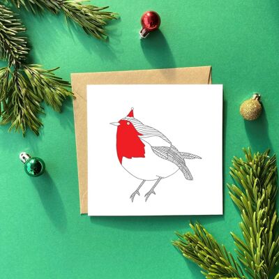 Robin en un sombrero de la Navidad Tarjeta de felicitación | Tarjeta de Navidad de pájaro