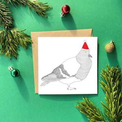 Biglietto d'auguri con piccione con cappello di Natale | Cartolina di Natale con uccelli