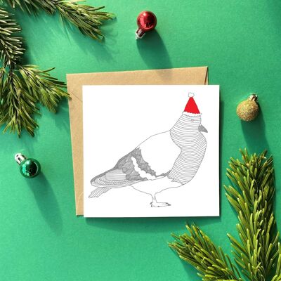 Biglietto d'auguri con piccione con cappello di Natale | Cartolina di Natale con uccelli