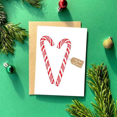 Weihnachtskarte mit Zuckerstangen, Weihnachtskarte mit Freundschaftsmotiv