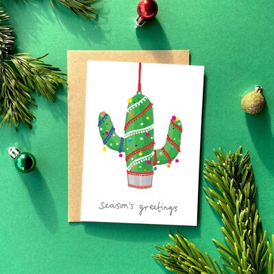 Tarjeta de felicitación de la Navidad del kitsch del cactus | Tarjeta de Navidad retra