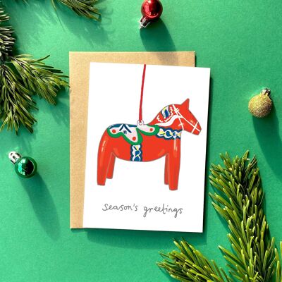 Biglietto d'auguri natalizi Kitsch con cavallo Dala | Carta nordica