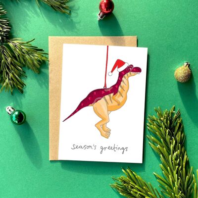 Tarjeta de felicitación del navidad del kitsch del dinosaurio | Navidad retro