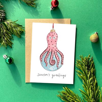 Oktopus Kitsch Weihnachtsgrußkarte | Retro Weihnachten