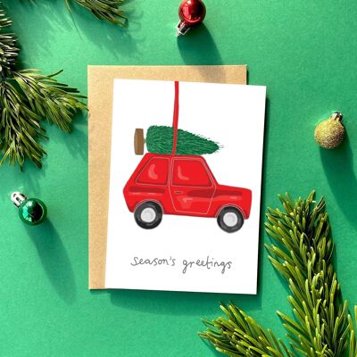 Carte de vœux de Noël kitsch de voiture | Carte de Noël rétro