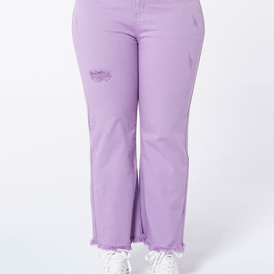 Cropped flared twill trousers with rips - Lilac