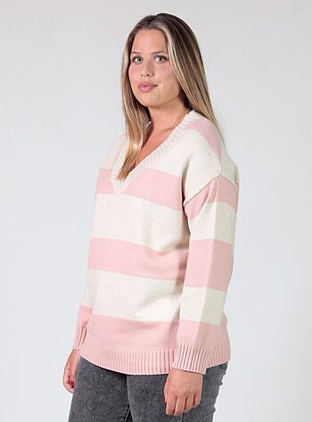 Pull à grosses rayures - Rose/Blanc 2