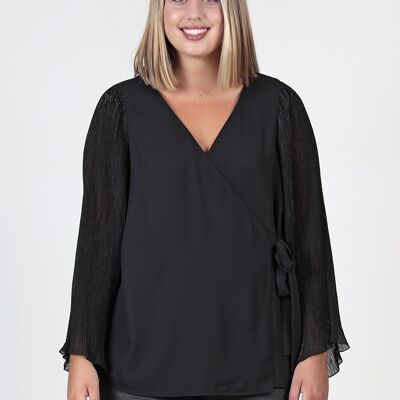 Wrap Blouse With Pleated Sleeves - Black