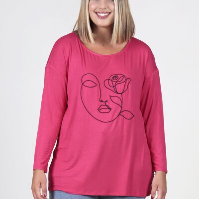 Langarm-T-Shirt mit Gesichtsstickerei - Fuchsia