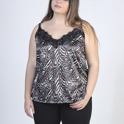 Printed Satin Top With Lace - Black/White