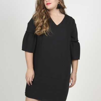 Shift Dress With Ruffle Sleeves - Black