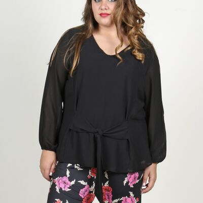 Blouse With Open Sleeves And Knot Front - Black