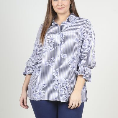 Camicia stampata a fiori e righe - Blu Navy