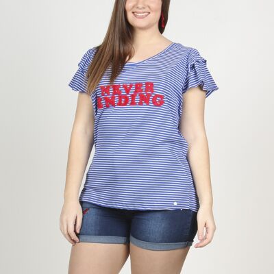 Striped T-shirt With Fur Letters - Blue/White