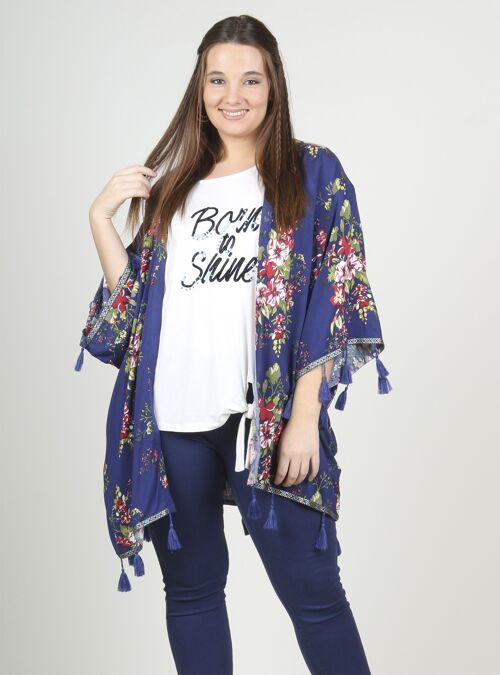 Chaqueta tipo kimono estampada flores - Azul marino